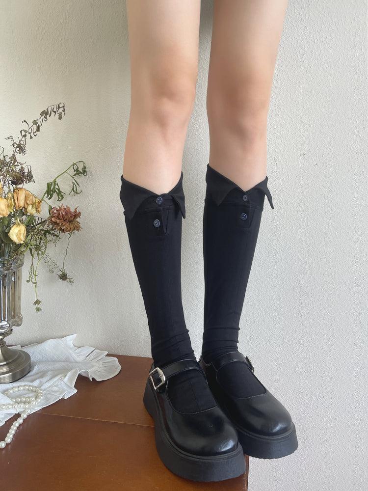 Polo Collar Flip Knee Socks - One Size / Black