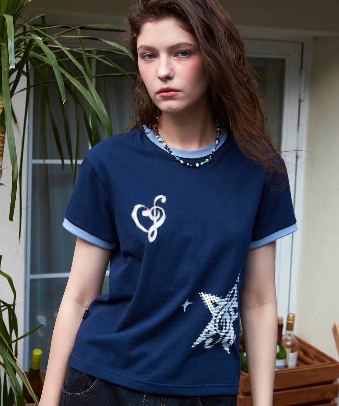 하트 클레프 CROP 링거 반팔티 네이비