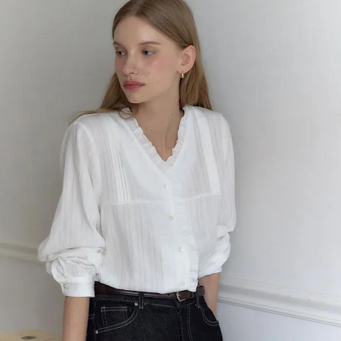 V-Neck Ruffle Pintuck Blouse - Ivory