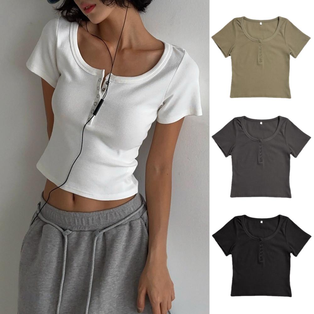 [무배/1+1할인] 스냅버튼 슬림핏 골지 반팔 T