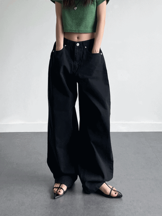 폴드 스냅 코튼 롱 맥시와이드 팬츠