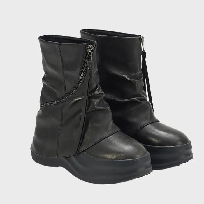 ZIPPER CURVED LINE FLATFORM BOOTS IN BLACK