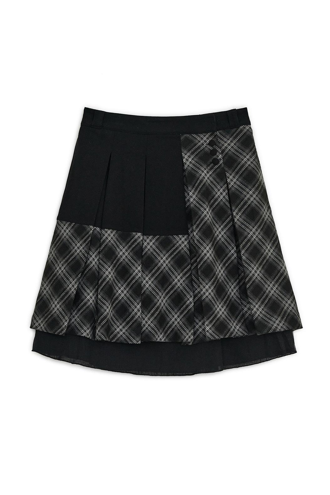 Check pleats midi skirt (Black)
