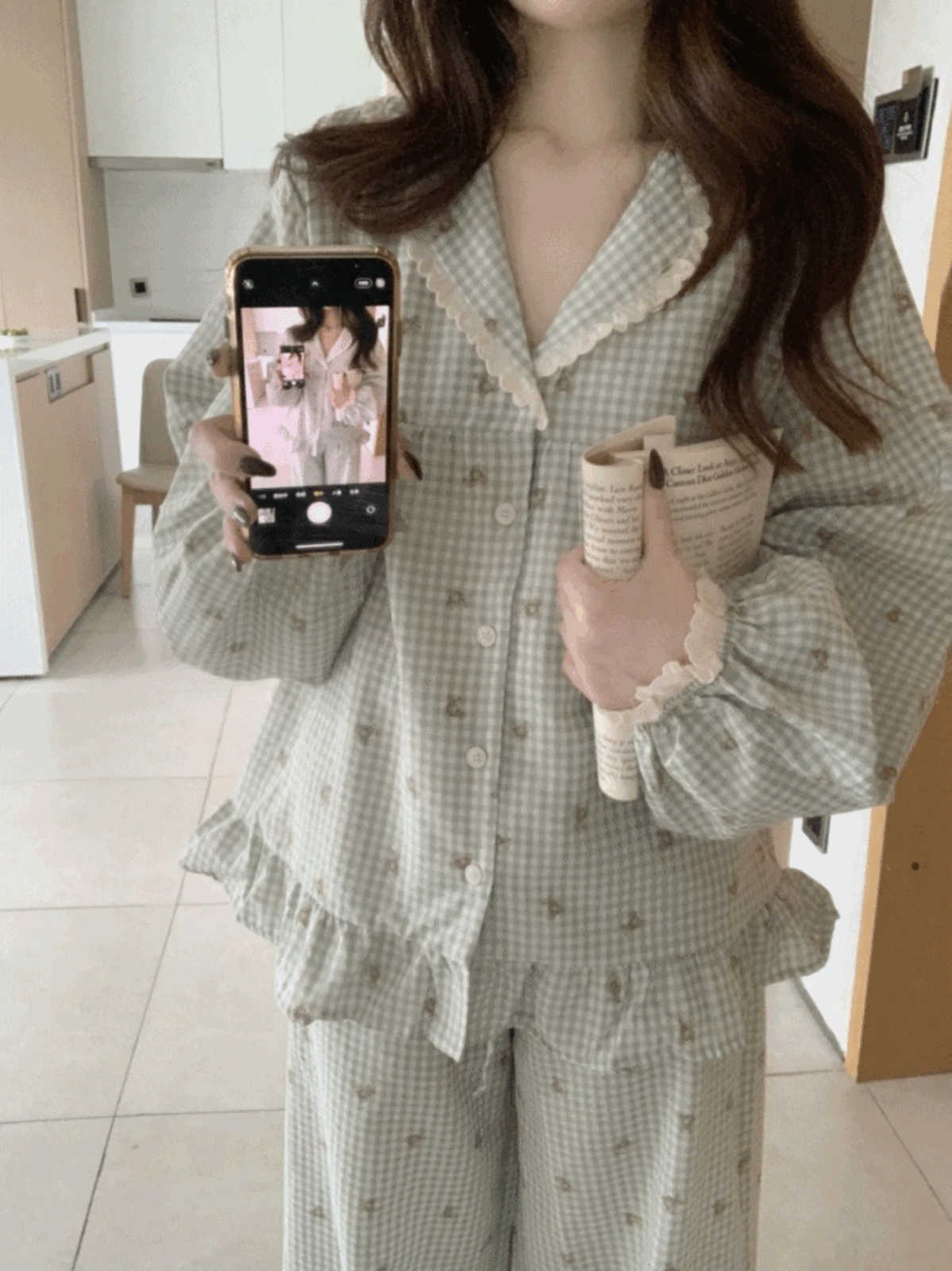 꼬미 체크 베어 파자마 (2color)