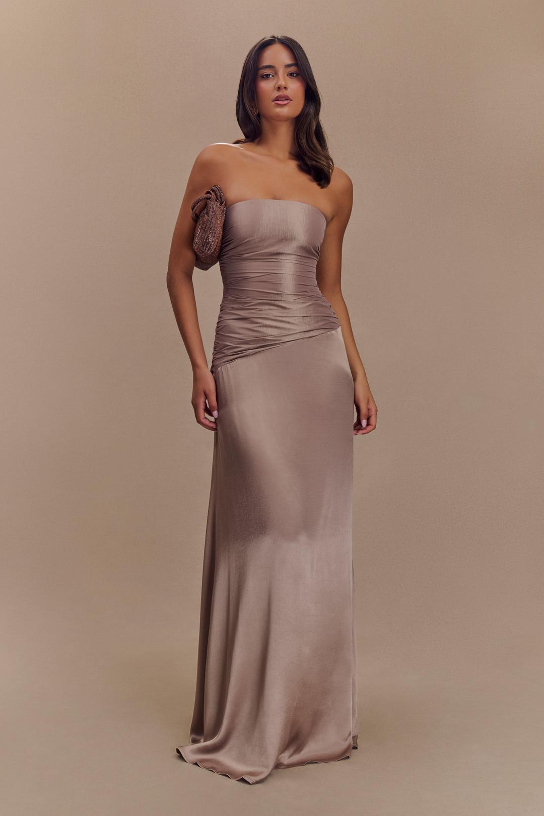 Serena Strapless Taffeta Maxi Dress - Bronze Taupe - XXS