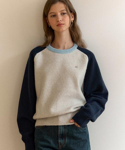 투톤 울 래글런 니트  - 네이비