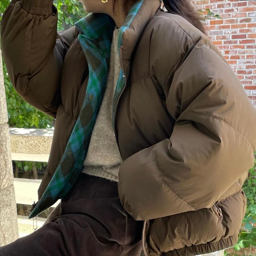 리버시블 양면 울 체크 덕다운 숏 패딩 (3col)