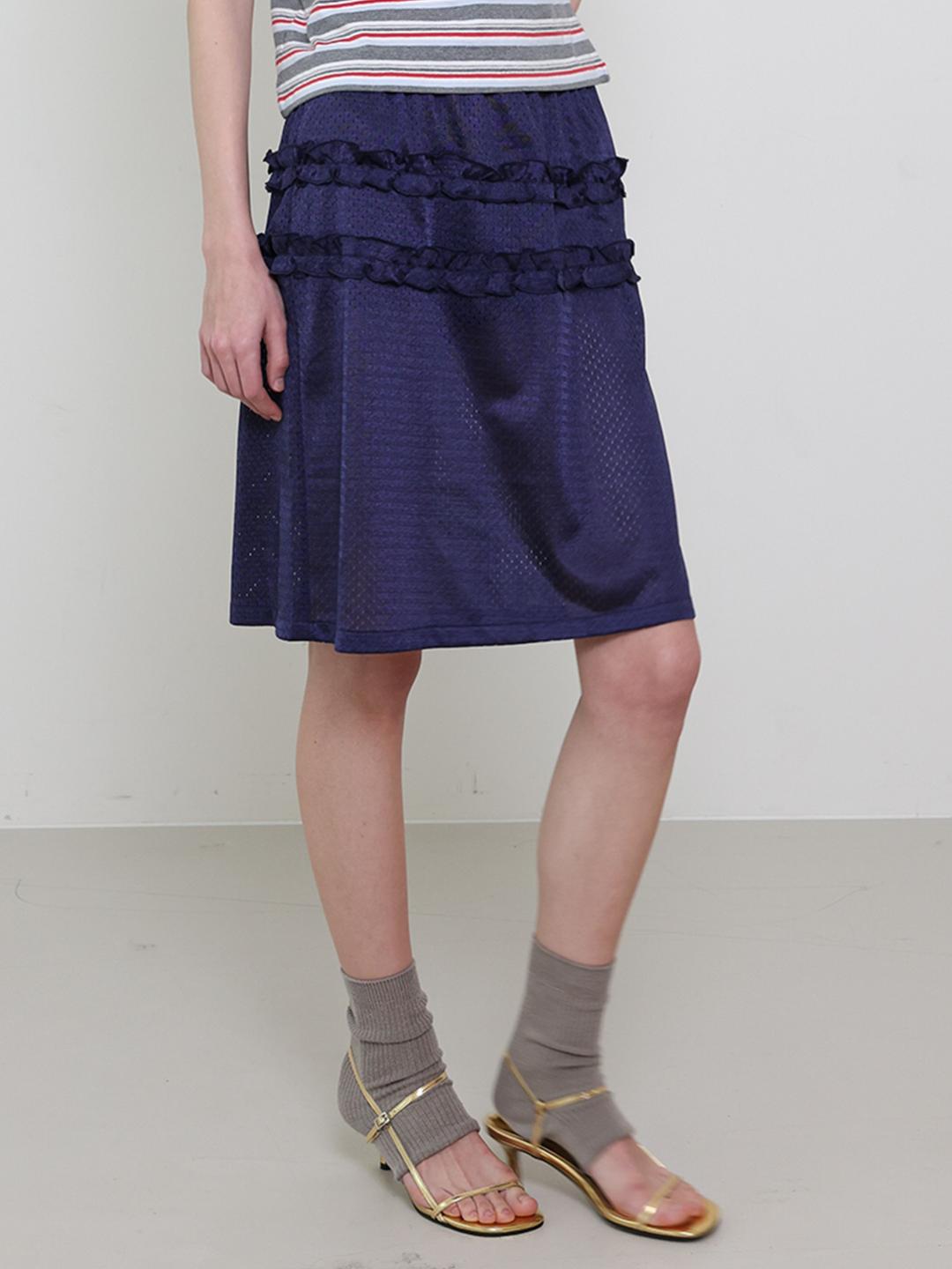 Mesh Frill Midi Skirt - Navy