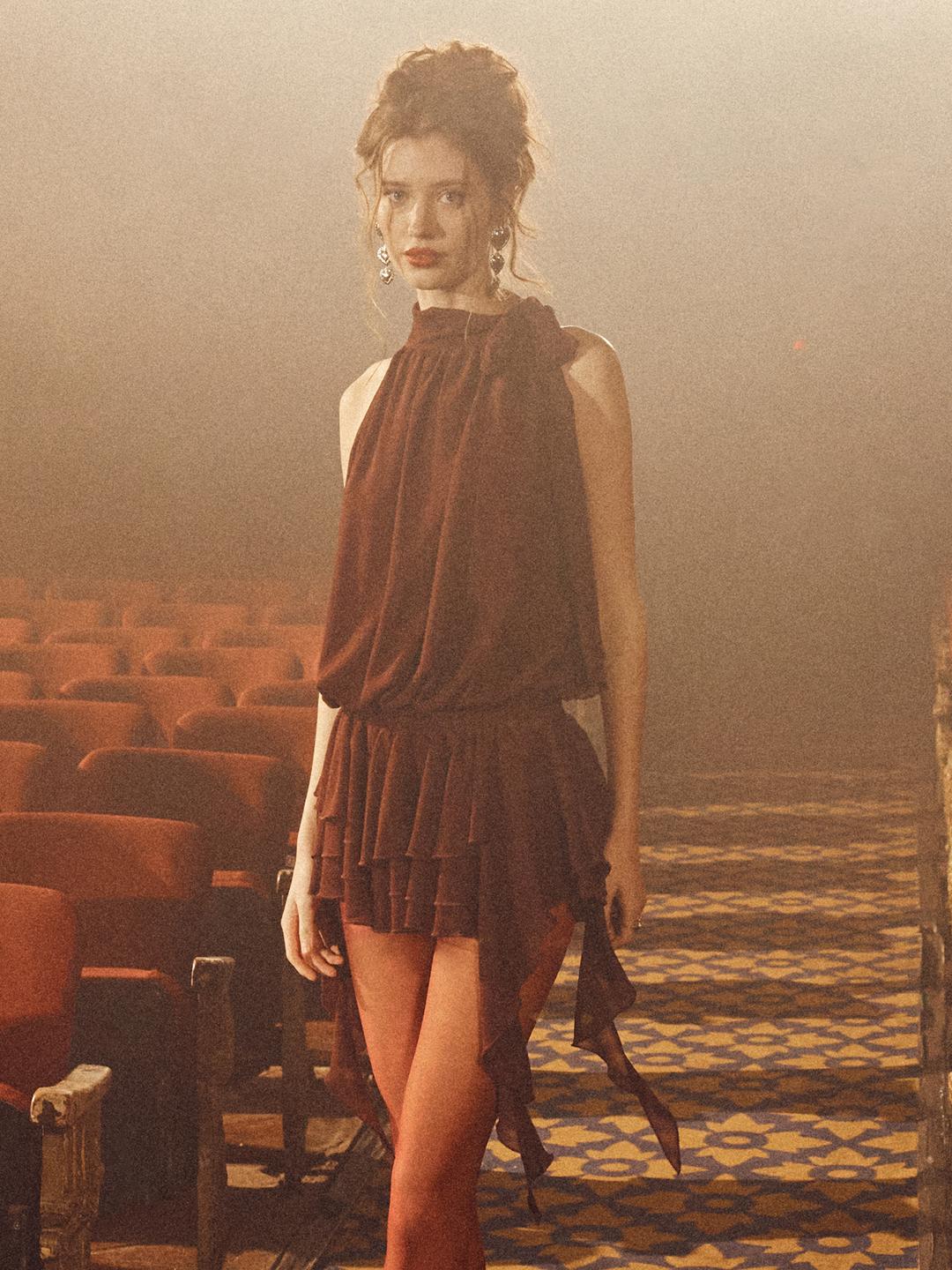 Chiffon Halter Neck Ruffled Ruched Mini Dress