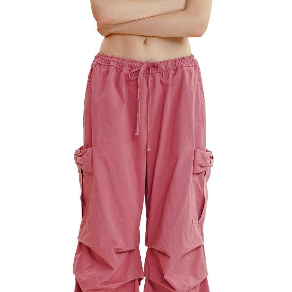 Moromoro lace stitching embroidered bow pocket parachute casual pants
