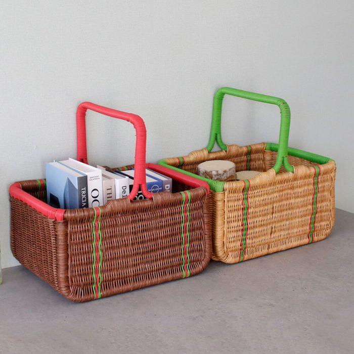 라탄 컬러핸들 투톤라인 바구니 (2color)