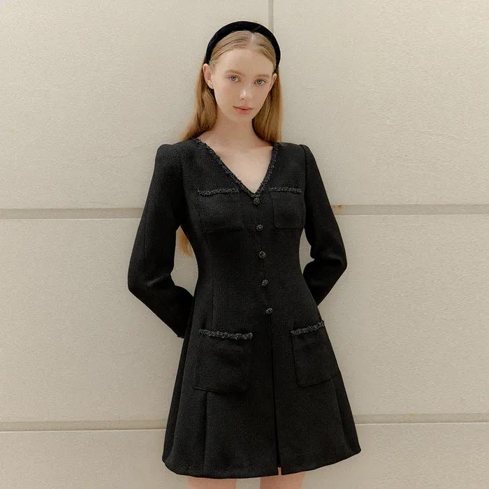 Tweed Pleats Trim Mini-Dress / Black(2color)