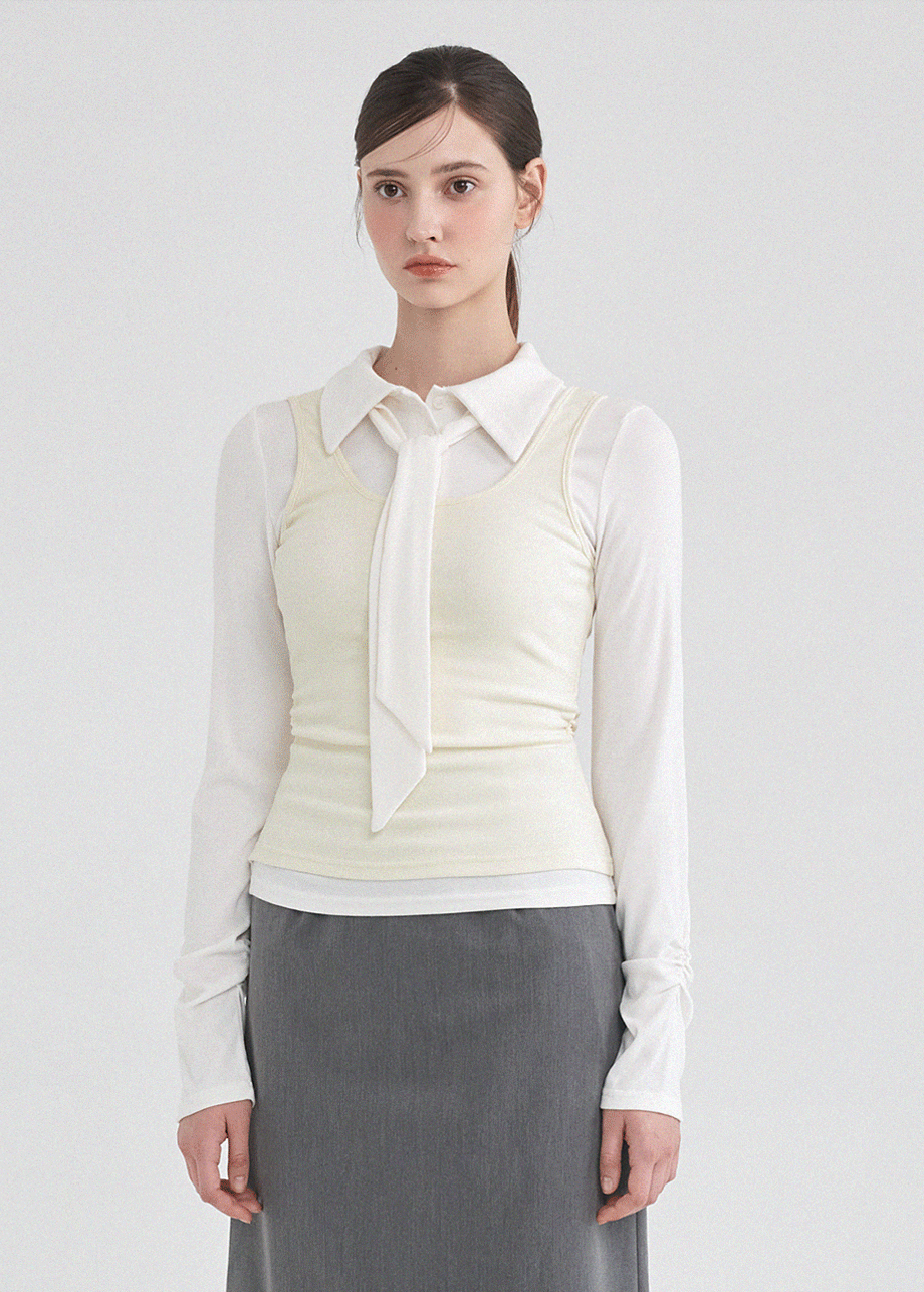 미케네 [44-120]  Ronan Layered Tie Tee  로넌 레이어드 타이 티 (가을-데일리룩-데이트룩-출근룩-오피스룩-레이어드-페미닌-타이-슬림핏-셔링-카라-자체제작)