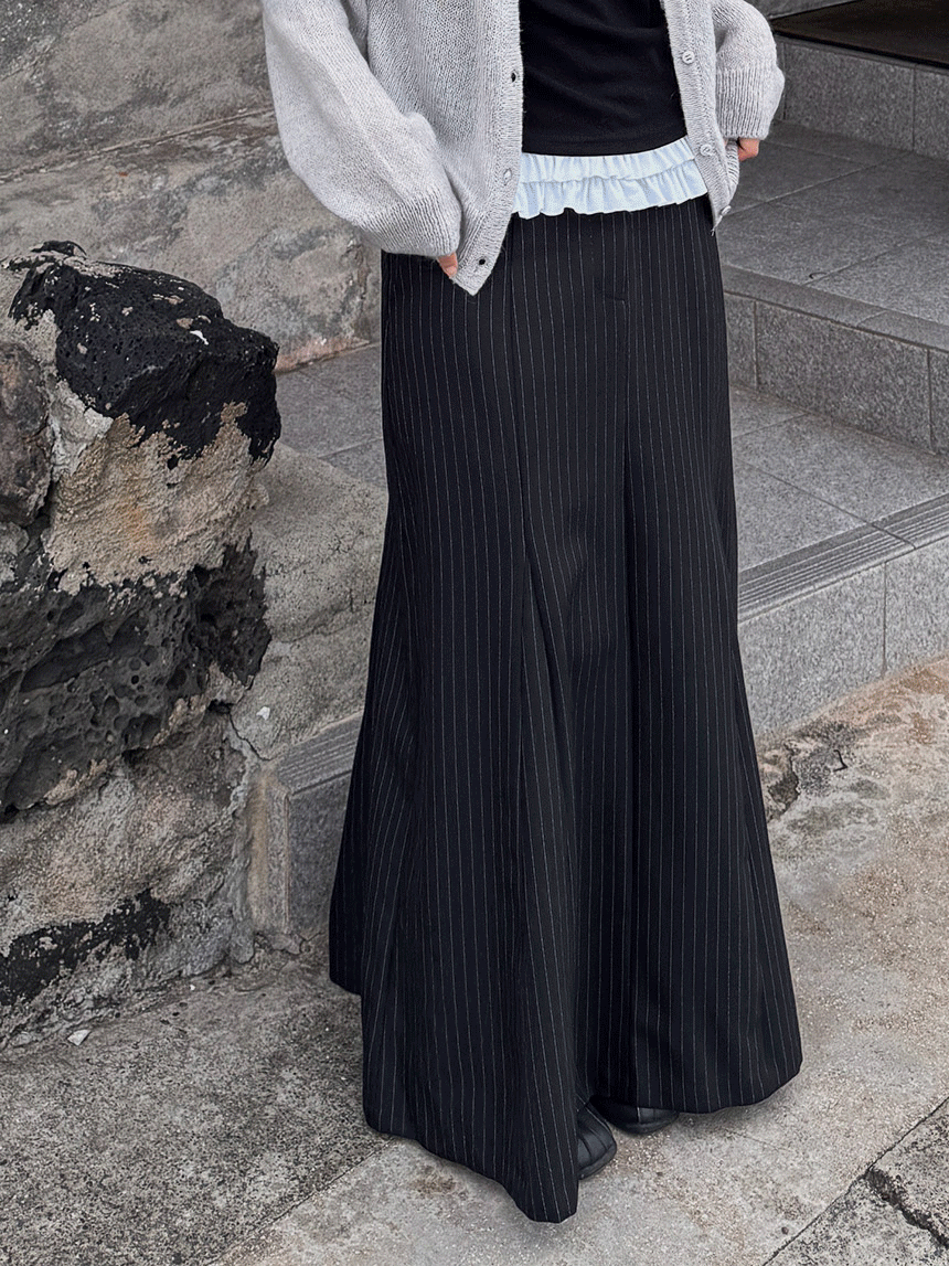 다상 스트라이프 로우 절개 맥시 스커트 2color