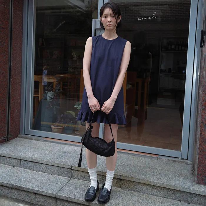 RUFFLE SLEEVELESS MINI DRESS, NAVY