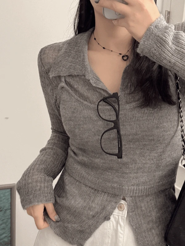 (그레이 오늘출발/뷔스티에SET) 러슨 울 펀칭 니트가디건세트