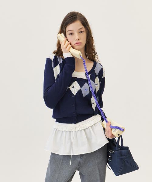 VENI ARGYLE CROP CARDIGAN (NAVY)