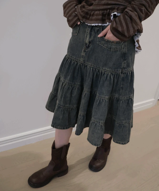 카밀 빈티지 스터드 데님 캉캉 스커트 2color