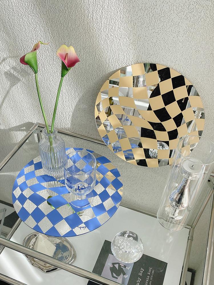 체커보드 미러 원형 트레이 미드센추리모던 아크릴 인테리어 쟁반 받침