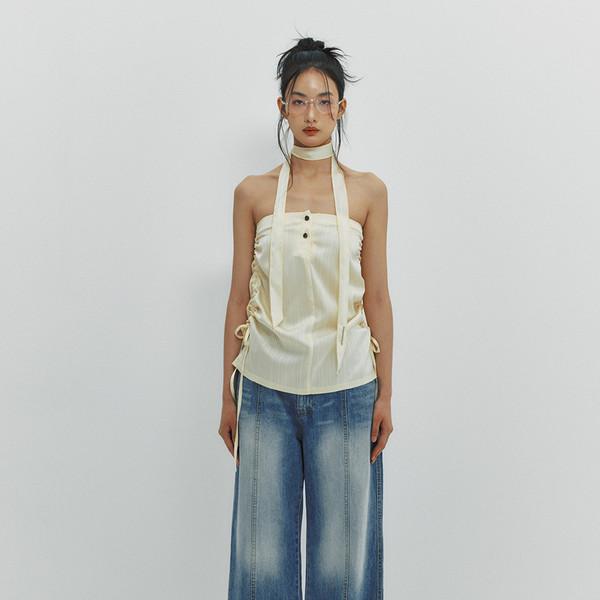 SHIRRING SATIN SKIRT - LEMON