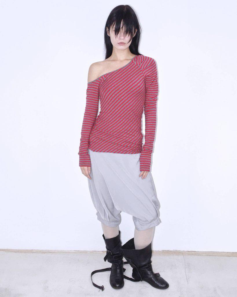 RED & GRAY STRIPED ONE-SHOULDER ASYMMETRIC LONG SLEEVE TOP - Anemonia