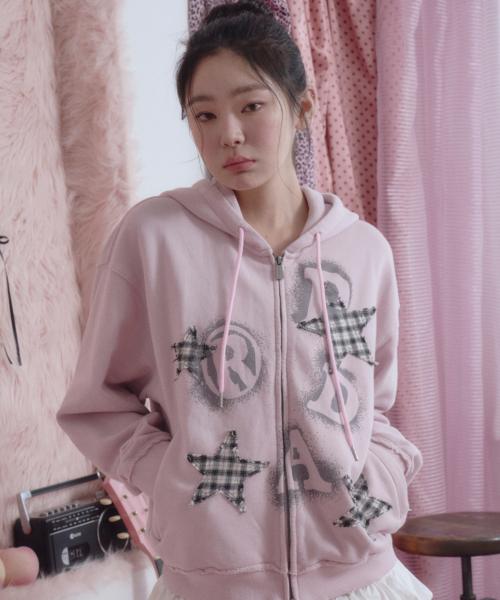 PRDA SPRAY BIG PATCH CHECK STAR HOOD ZIP-UP PINK