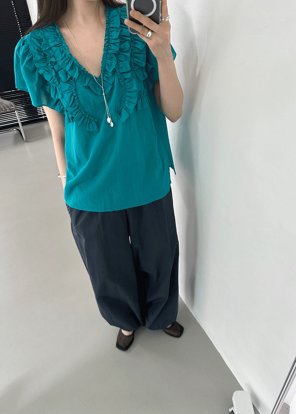 Mint ruffle blouse