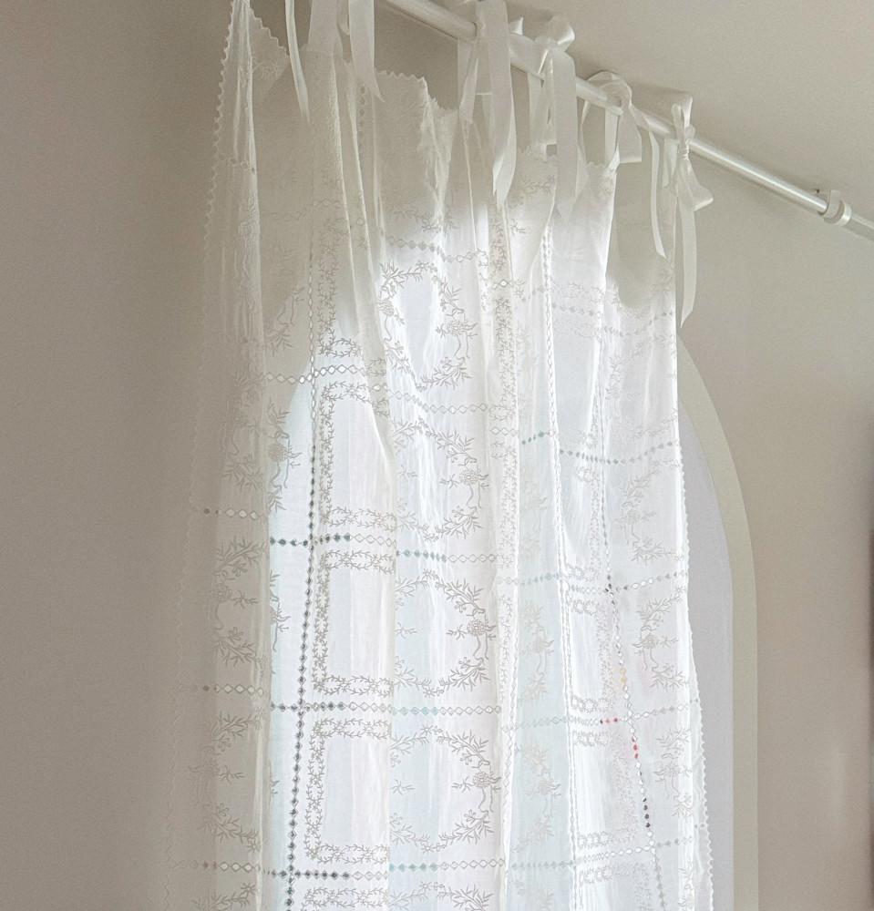 리본끈 레이스 커튼 화이트 비치는 레이스 가리개