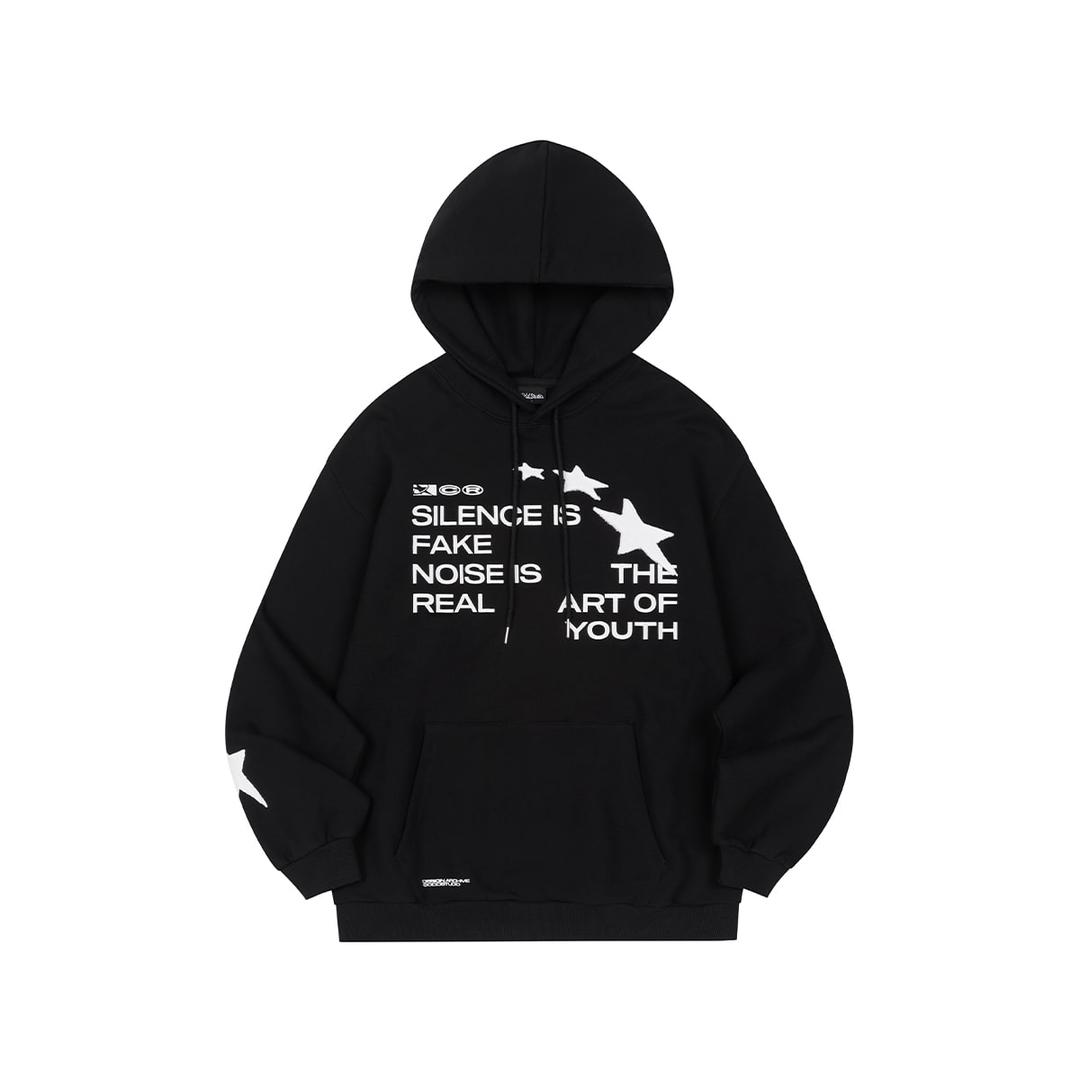 스타 아플리케 오버핏 후드 티셔츠 - BLACK