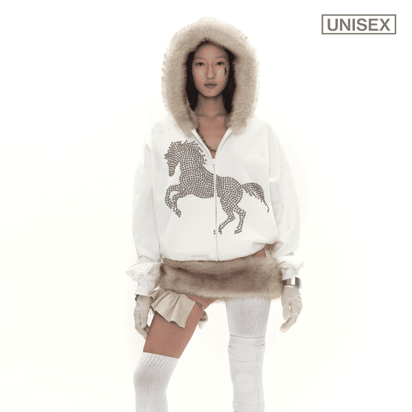 STUDDED FAUX FUR HOODIE IN WHITE