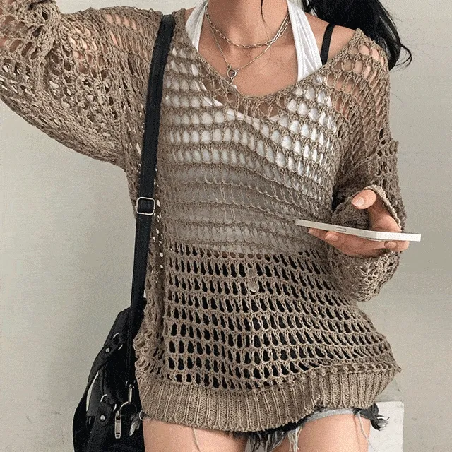 [오프숄더 가능!] 여리하고 힙한 스타일, 네트 그물 망사 루즈핏 브이넥 니트