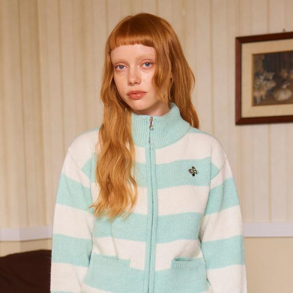 STRIPE KNIT ZIP-UP JACKET / mint