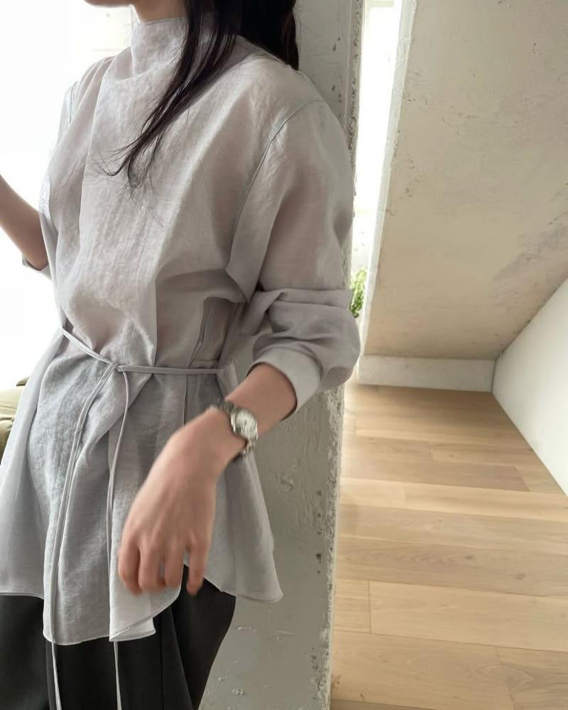(2주소요/주문폭주) 브론즈 로하 블라우스 반목 긴팔 벨트 셔링 페미닌 하객룩 bl (3 color)