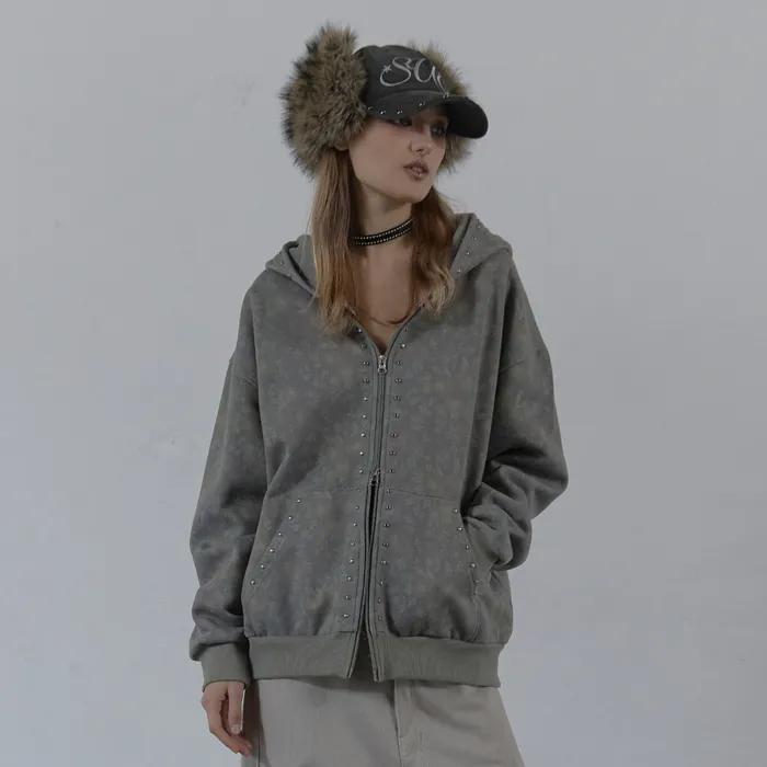 FLOWER STUDDED HOODIE ZIP-UP / KHAKI