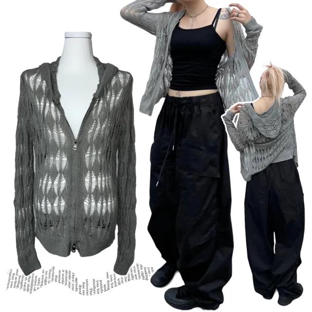 DIA gray two-way knit hood zip-up (1color) / 다이아 그레이 투웨이 니트 후드 집업 그물 네트 빈티지 Y2K 유니크 간절기 여름 아우터 데일리