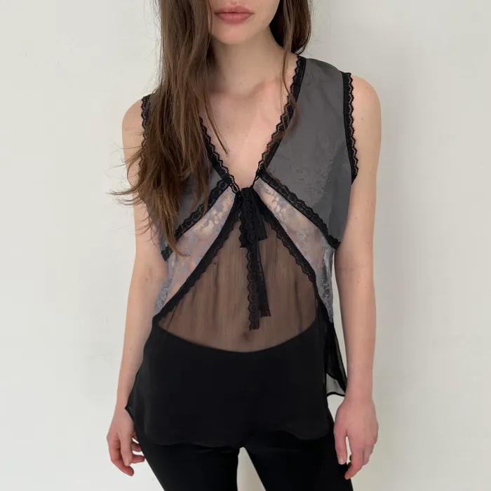 Mixed Satin, Lace, and Chiffon Camisole (Black)