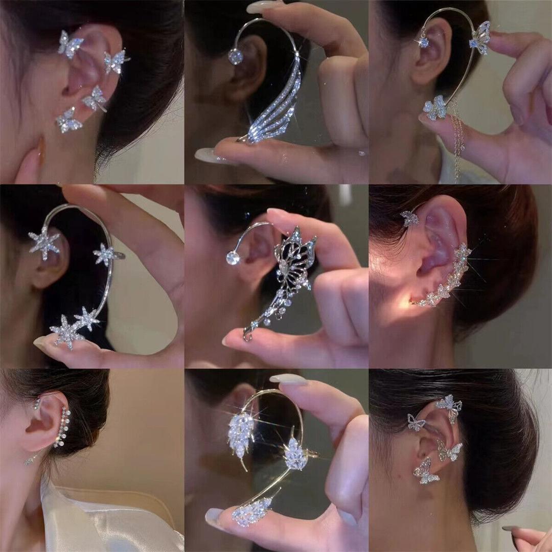 Zircon Butterfly Leaf Tassel Ear Cuff Clip Earrings Non Piercing Wrap Jewelry