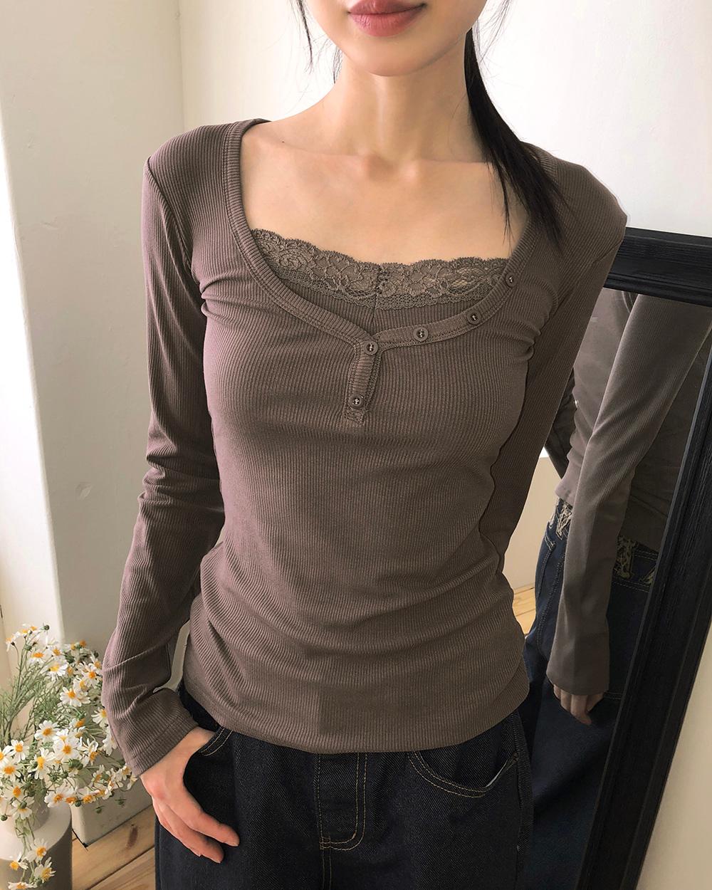 원더원더 [MADE/일체형♥] 느베 레이스 포인트 버튼 골지 긴팔 티셔츠