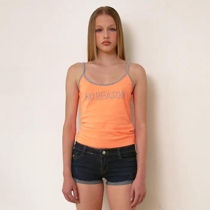 RHINESTONE RIBBED CAMI TOP, NEON ORANGE