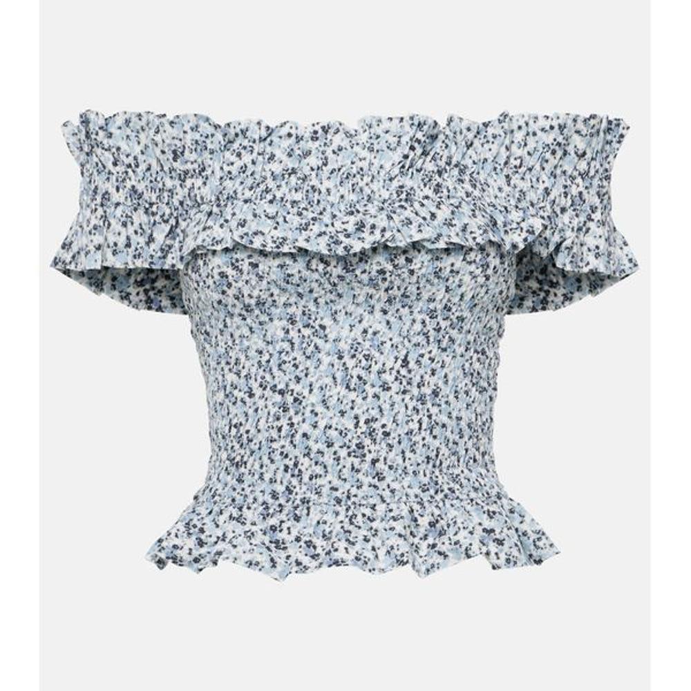 가니 플로럴 스모킹 코튼 탑 블루 P00957049