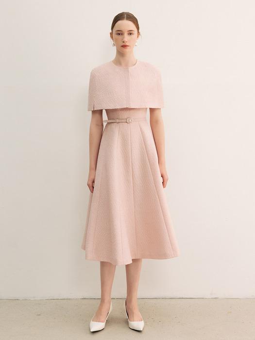 [SET]CAREY Round neck short tweed cape + ADA Sleeveless flared long dress (Pink/Black)