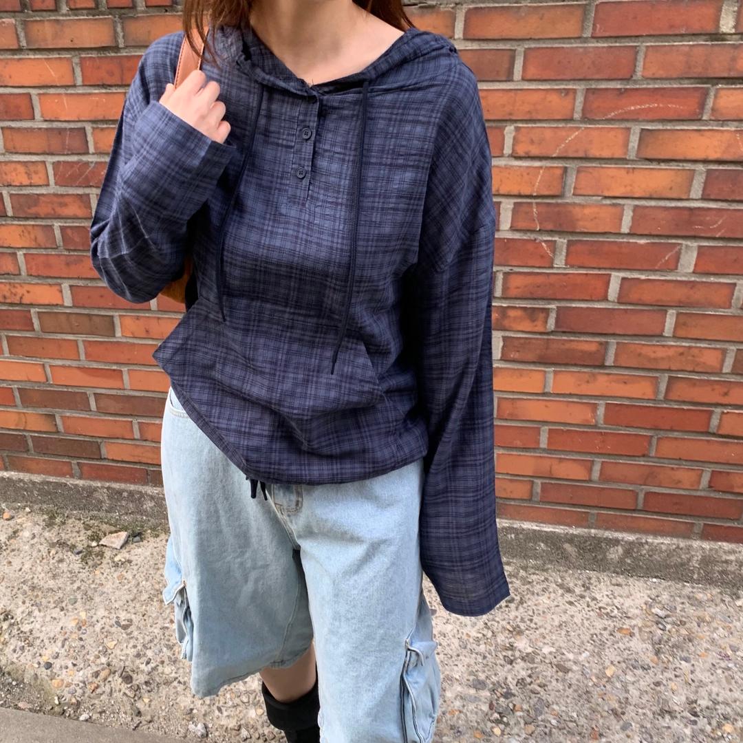 와이오브제 [재진행!!!/장마룩] 도토리 빈티지 체크 단추 스트링 긴팔 후드