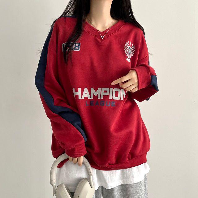 스포티 y2k 기모 1998챔피언스리그 브이 배색 맨투맨 블록코어 유니폼 축구티