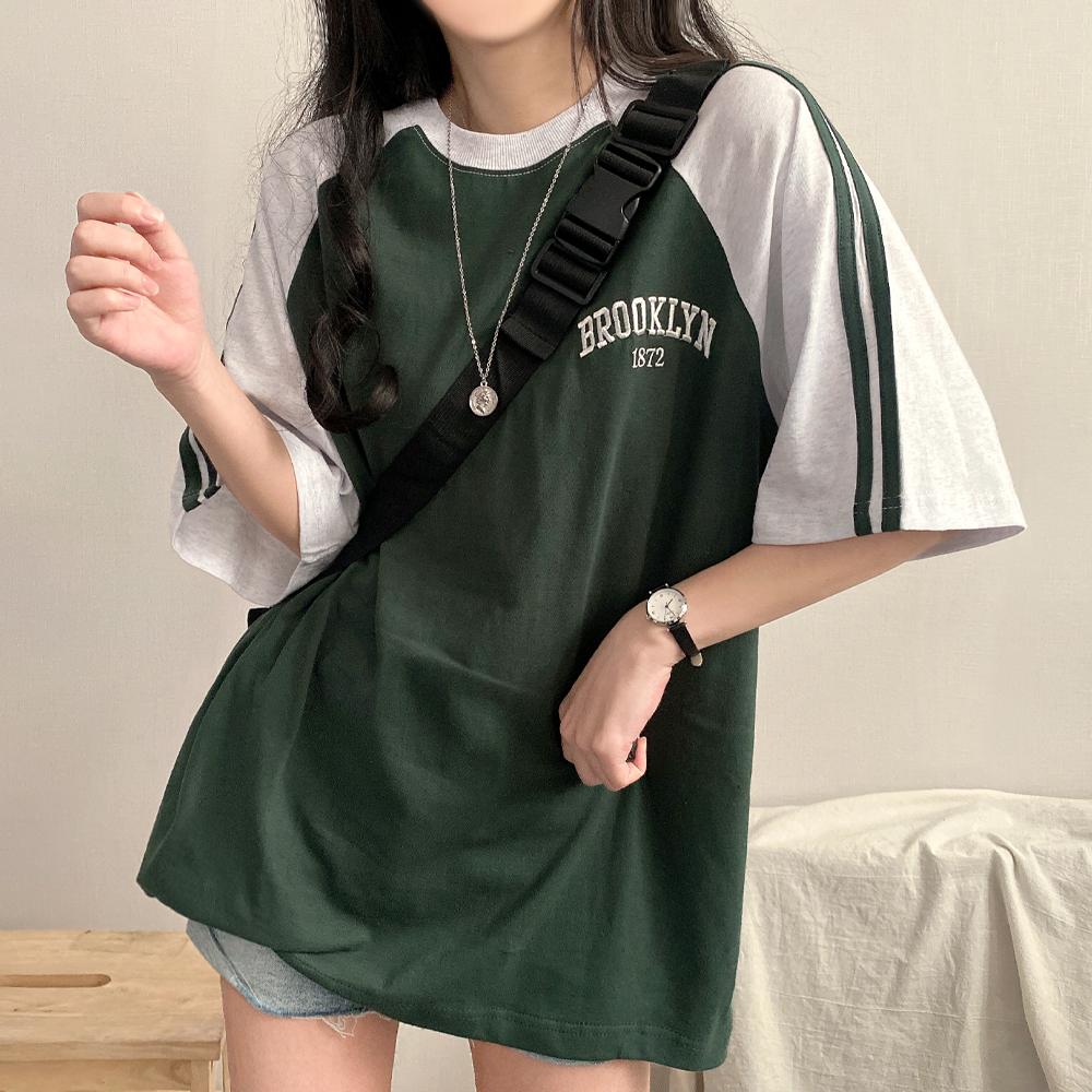 비앤드지투 [예쁜/스포티!] 두줄 져지 배색 나그랑 브루클린 자수 데일리 반팔티T 5color