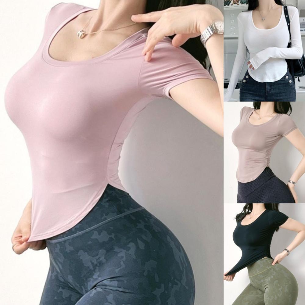 여성 크롭반팔티 긴팔티 u넥티셔츠 스퀘어넥 실켓 스판 찰랑 C1