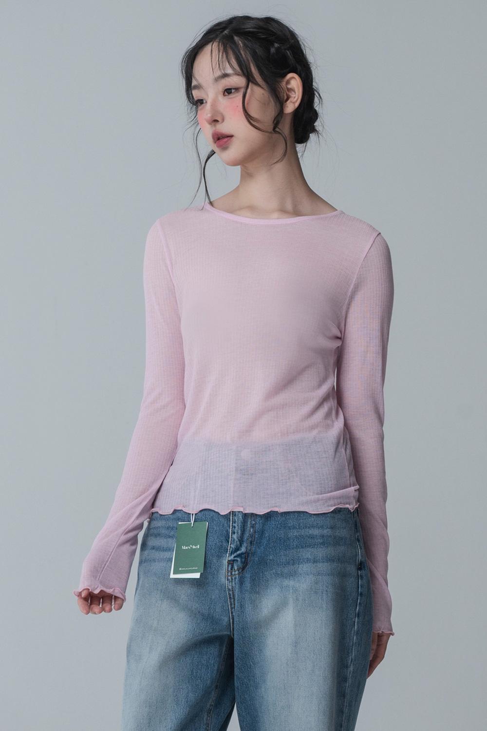 SEE-THROUGH ROUND NECK SHIRRING TSHIRT_PEONY PINK
