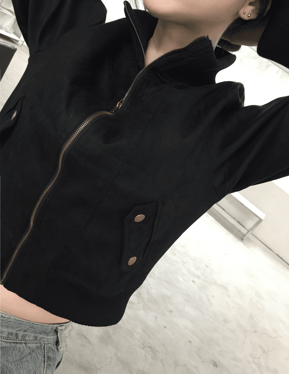 컴앤드헤이마 (BLACK) 빈티지 하이넥 스웨이드 퀄팅 점퍼