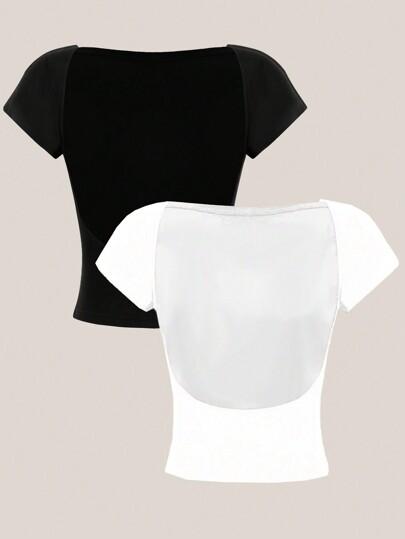 SHEIN EZwear 2개 섹시한 여성용 라운드 네크라인 백리스 반팔 크롭 탑, 여름에 맞는 핏