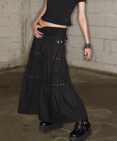Tiered Eyelet Maxi Skirt (BLACK)