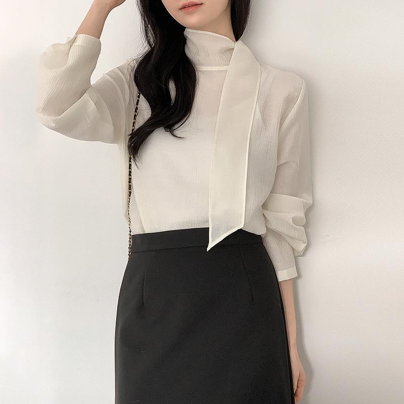 [격식룩✨/여리핏/레이어드템]오비드 하프넥 타이 긴팔 블라우스 - 3 color